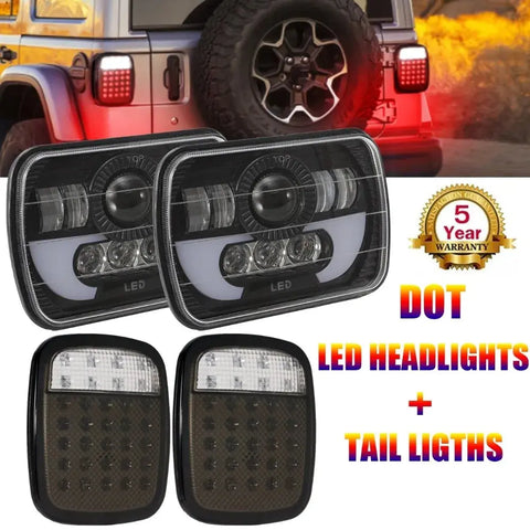 For 87-95 Jeep Wrangler Yj 7X6" Led Headlight Hi-Lo Beam + Smoke Tail Lights 4X EB-DRP