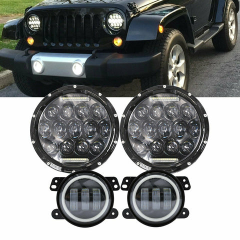 For Jeep Wrangler JK 07-17 7" Halo LED Headlight + LED DRL Fog Light Combo Kit F1 RACING