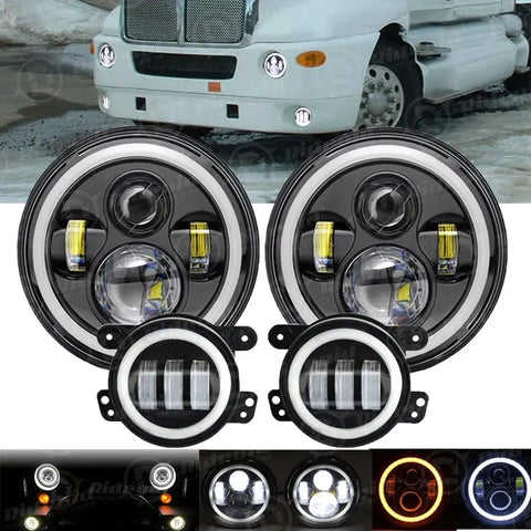 For Kenworth T2000 Halo 7Inch Round Led Headlights + 4Inch Led Fog Light Combo EB-DRP