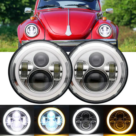 For Vw Beetle 1950-1979 2X 7Incn Round Chrome Led Headlight Hi/Lo Beam Halo Drl EB-DRP