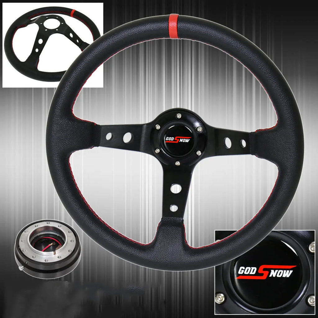 Jdm Black Red Stitches Steering Wheel Quick Release Godsnow Horn Butto