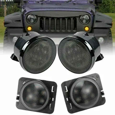 Led Turn Signal + Side Marker Fender Lights Smoked Lens Fit For Jeep Wrangler Jk EB-DRP