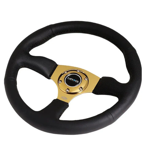 Nrg Rst-023Gd-R 350Mm 2.5"Deep Dish Gold Spoke Black Leather Grip Steering Wheel DNA MOTORING
