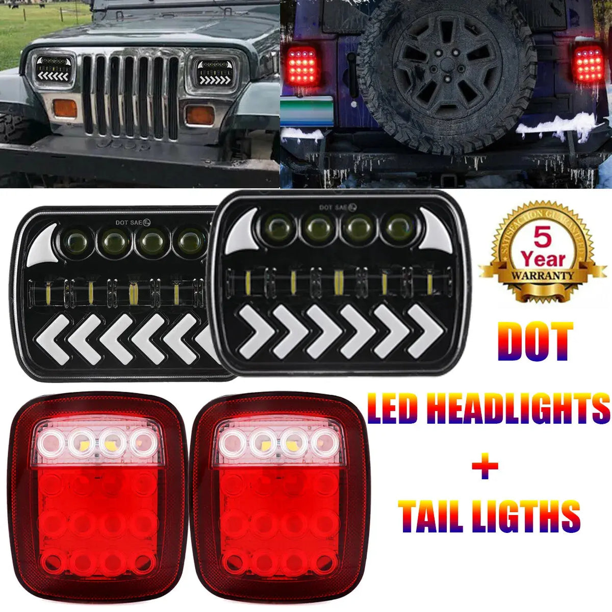Pair Led Pro Headlights Drl & Tail Lights Combo For Jeep Wrangler Yj 1