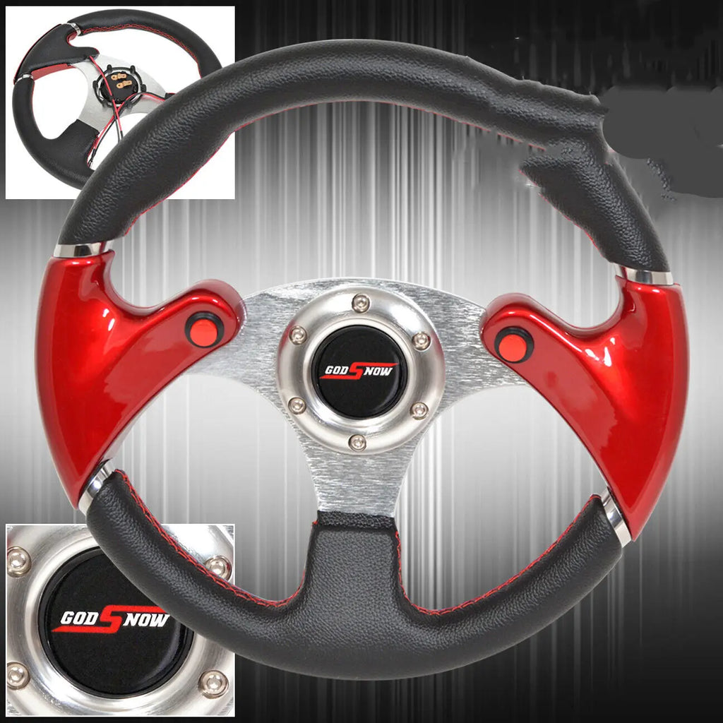 Red 320Mm 3 Spoke Pvc Leather Dual Nos Button Steering Wheel Jdm Horn