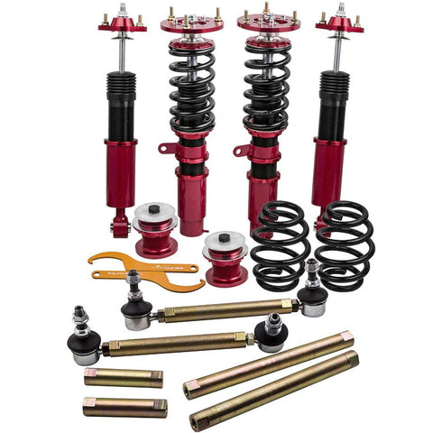 Red Complete Front + Rear Coilovers compatible for BMW E46 3 Series Adj. Height + Sway Bar MaxpeedingRods