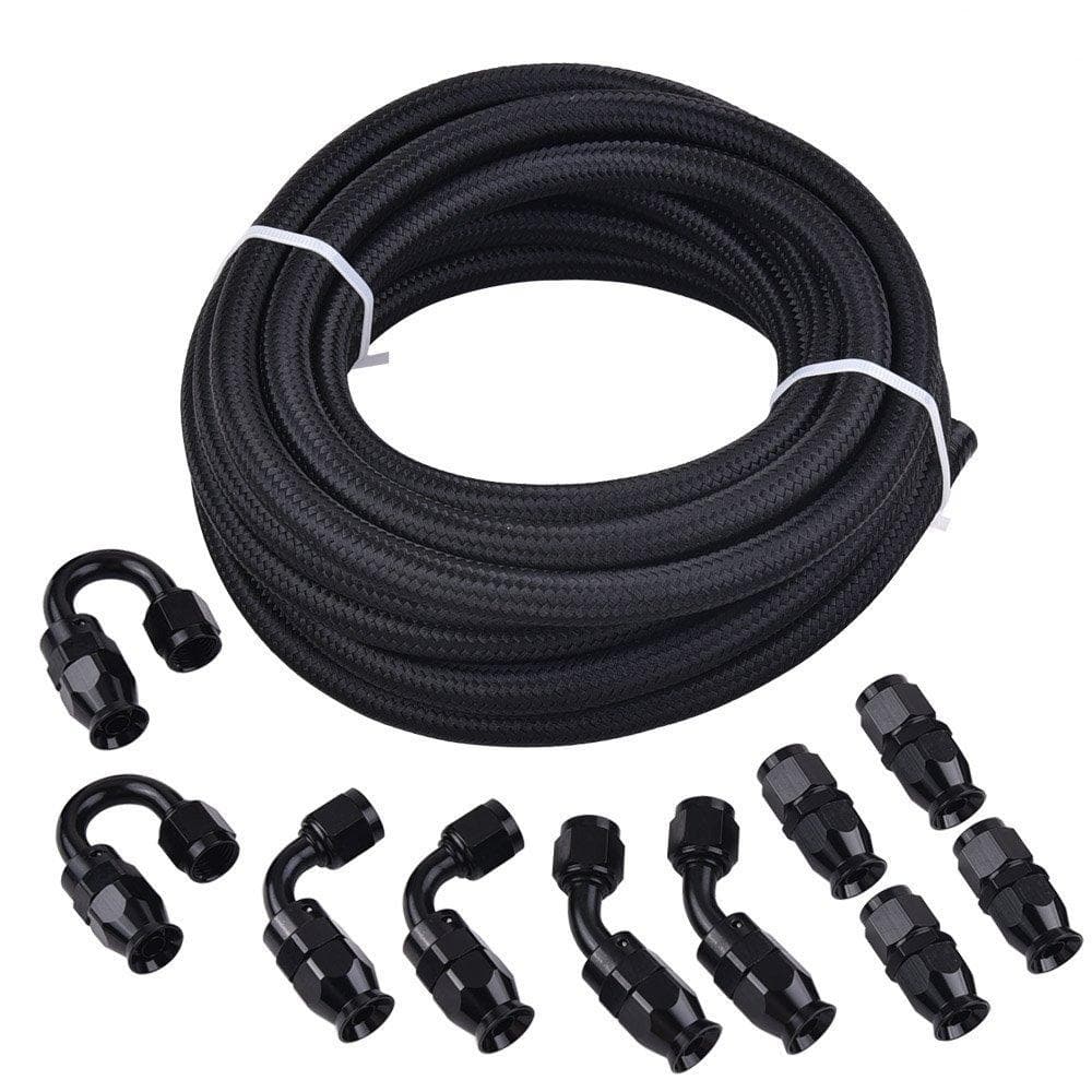 20Ft/6 Meter AN6/AN8/AN10 PTFE E85 Oil Gas Fuel Line Stainless Steel  Braided +Hose Fitting Kit Black
