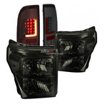 Smoked Clear Headlight+Smoked 3D Red L-Bar Led Tail Lamp Fit 11-16 Super Duty DNA MOTORING
