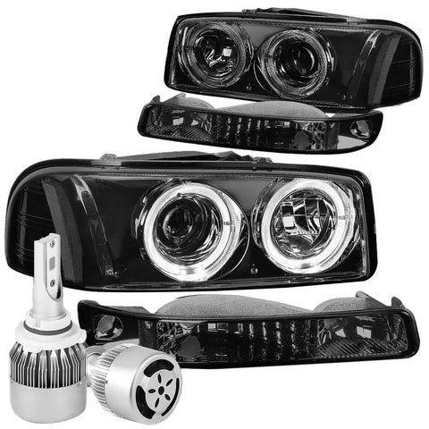 Smoked Halo Headlight+Amber Light+White Led 9006 Hid W/Fan Fit 99-06 Gmc Sierra DNA MOTORING