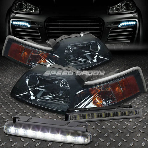 Smoked Housing Headlight+Amber Corner+Led Fog Light 99-04 Ford Mustang Pony Speed Daddy