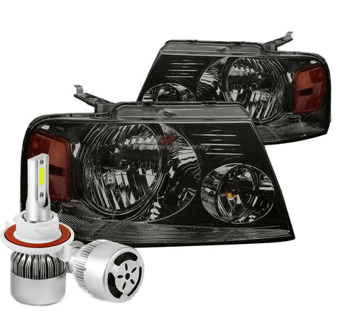 Smoked Housing Headlight+Amber Reflector+White Led 9007 Hid W/Fan Fit 04-08 F150 DNA MOTORING